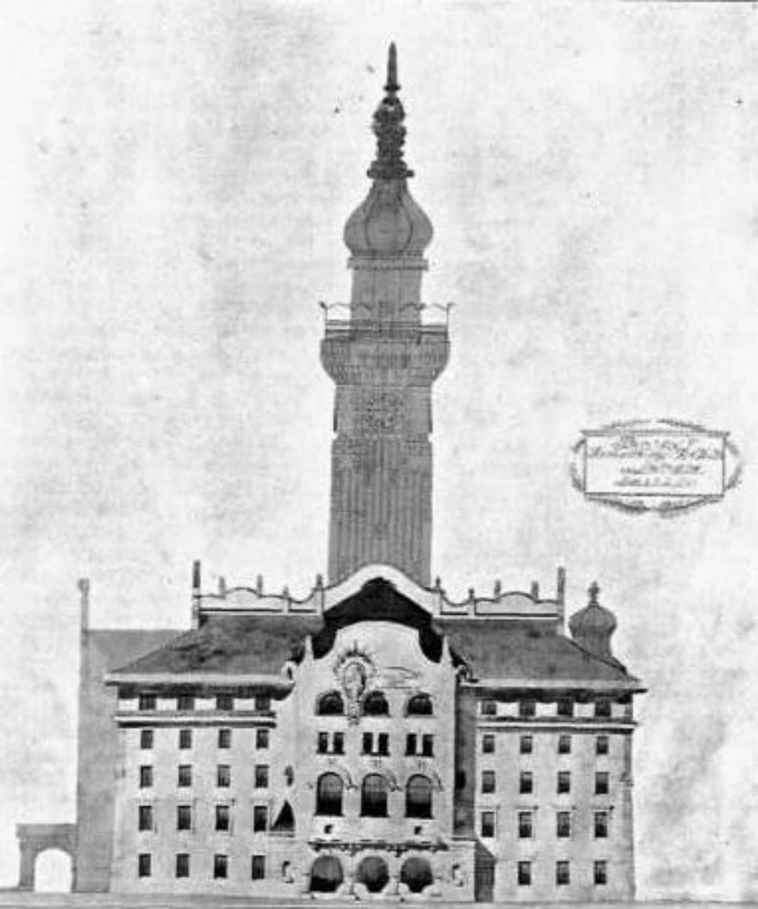 Бічний фасад проекту ратуші архітекторів Стриєнського та Манчинського. 1908 рік