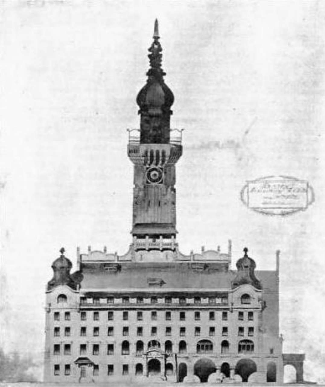 Головний фасад проекту ратуші архітекторів Стриєнського та Манчинського. 1908 рік