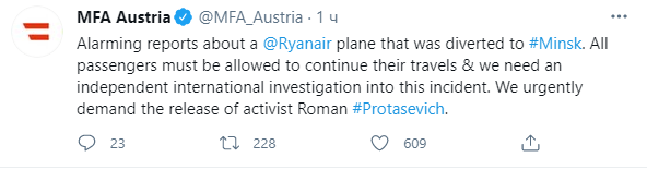 Влада Австрії наполягає на розслідуванні затримання Протасевича.