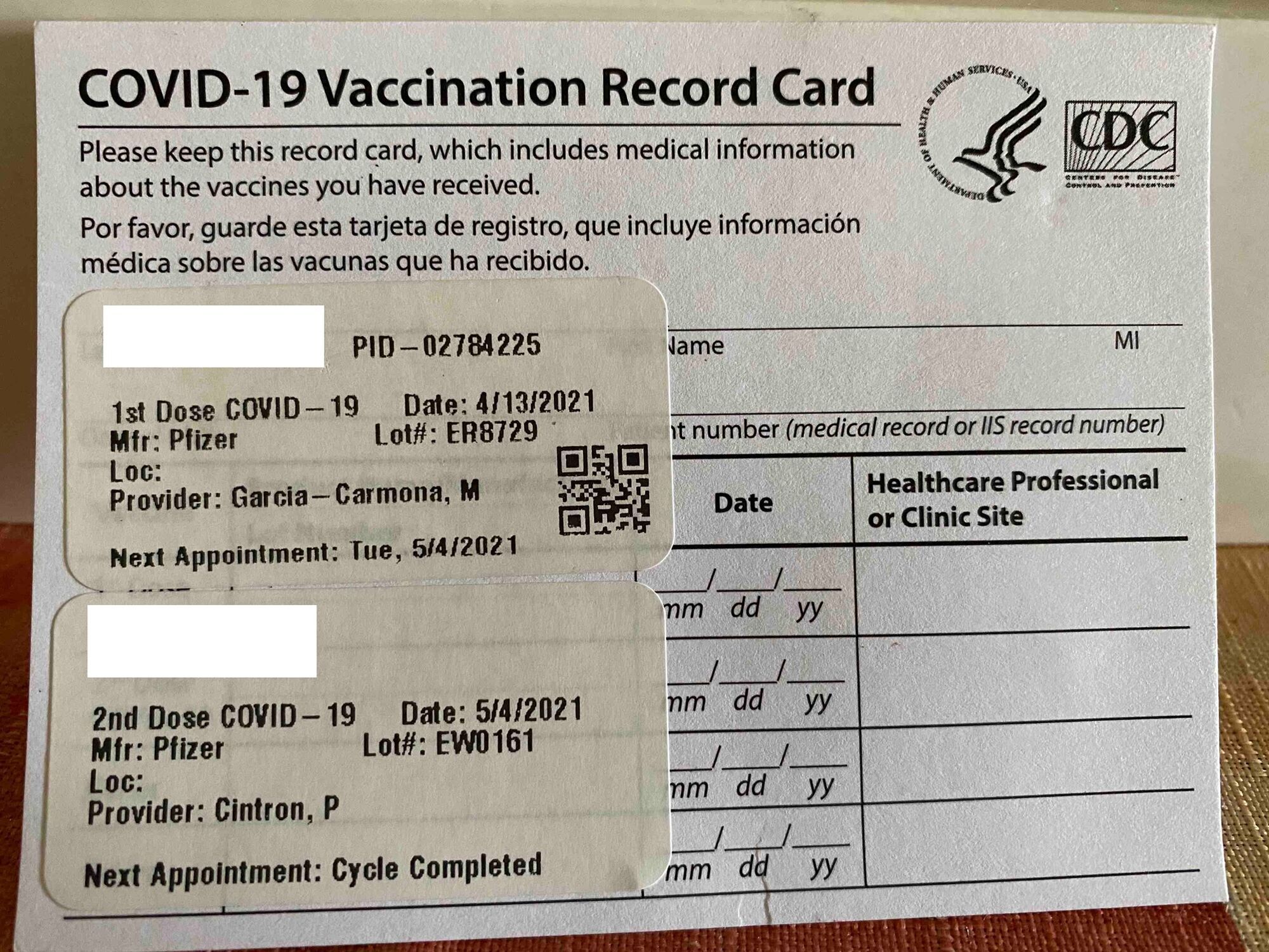 COVID-19 Vaccination Record Card у США