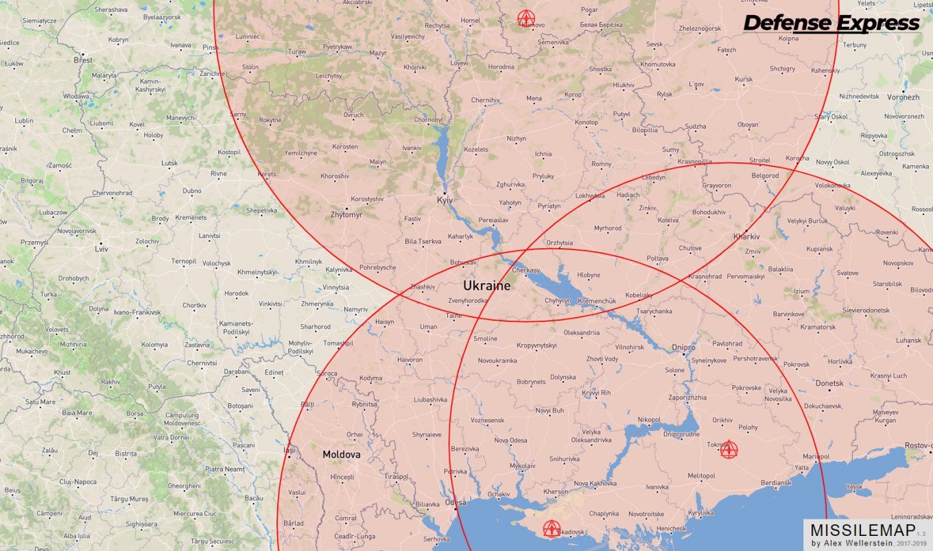 Карта можливої зони ураження ракетами Х-69