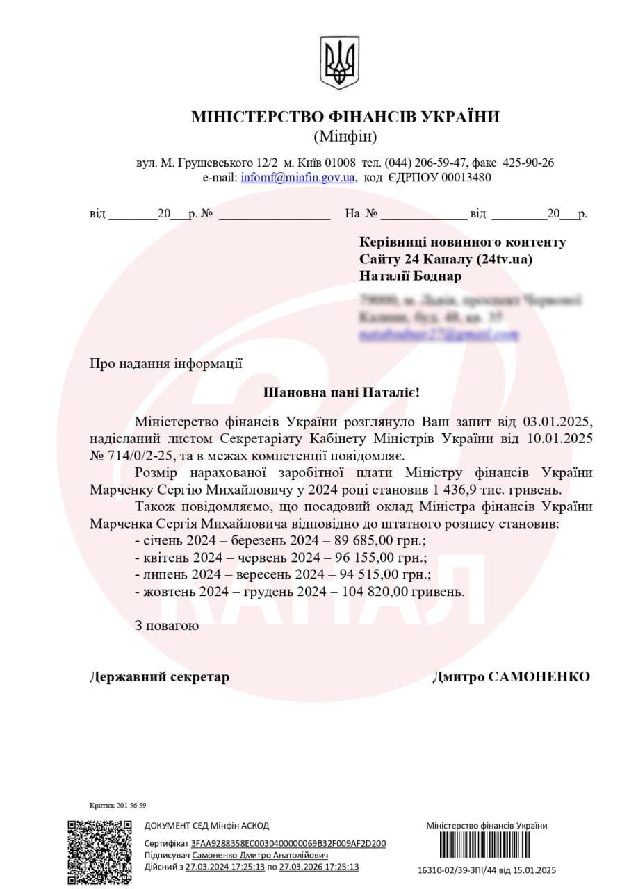 зарплата міністра фінансів Сергія Марченка у 2024 році 