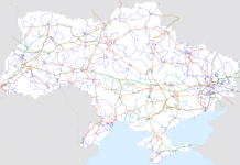 Карта електромережі України з лініями електропередачі різної напруги.