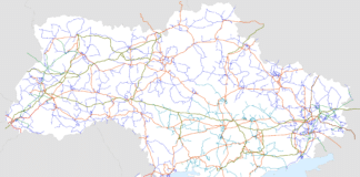 Карта електромережі України з лініями електропередачі різної напруги.