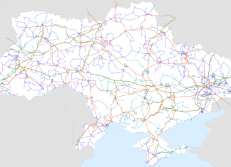 Карта електромережі України з лініями електропередачі різної напруги.