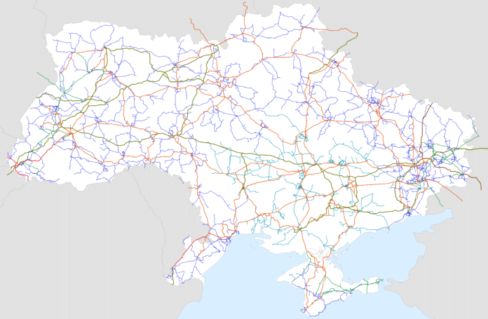 Карта електромережі України з лініями електропередачі різної напруги.